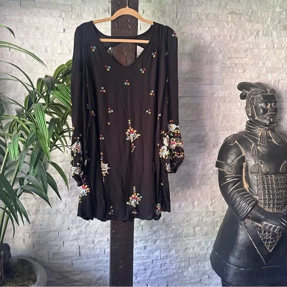 Free People Oxford Embroidered Mini Babydoll Floral Boho Long sleeve Dress M - Picture 4 of 10